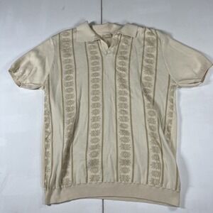 Dandy Del Mar Knit Polo Shirt Cream Floral Stripe Johnny Collar Mens L